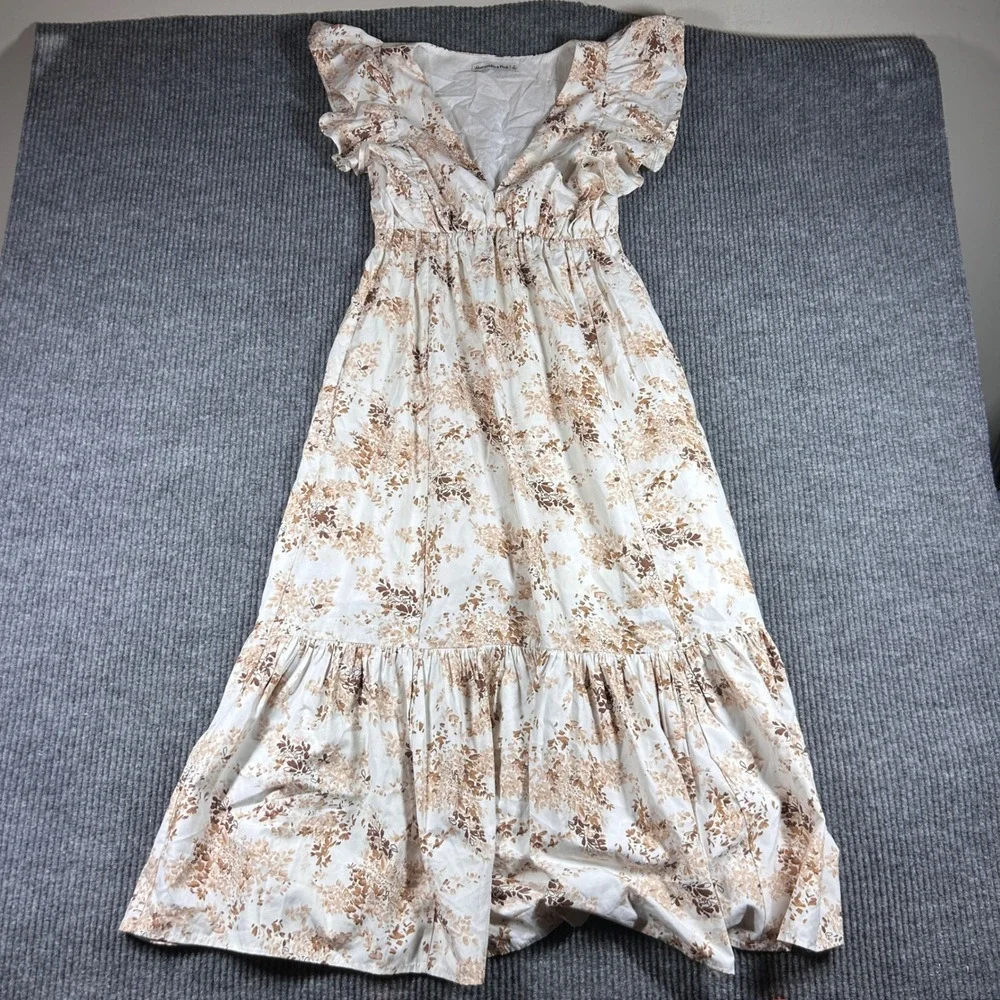 Abercrombie & Fitch Dress Womens S White Brown Floral Ruffle Maxi V-Neck